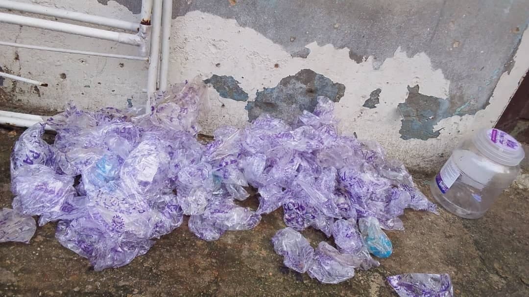Collected pure water sachets ready for MuDacle circular upcycling